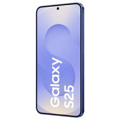 Smartphone mit blauem Gehäuse. Auf dem Bildschirm steht 'Galaxy S25' auf einem blauen Hintergrund.