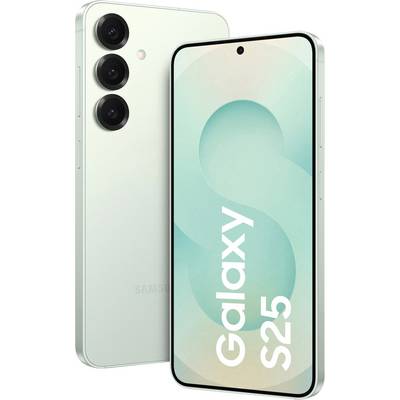 Smartphone mit drei Kameras hinten und großem Display vorne. Auf dem Bildschirm steht 'Galaxy S25'. Gerät ist in hellem Farbton.