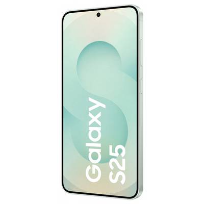 Smartphone mit der Aufschrift 'Galaxy S25' auf dem Bildschirm, elegantes Design, helles Gehäuse.