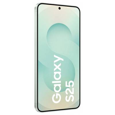 Smartphone der Galaxy S25-Serie, schräg seitlich abgebildet. Auf dem Bildschirm steht 'Galaxy S25' vor einem minimalistischen Hintergrund.