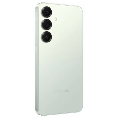 Ein Smartphone der Marke Samsung mit drei Kameras auf der Rückseite, vertikal angeordnet, in einer hellen Farbe.