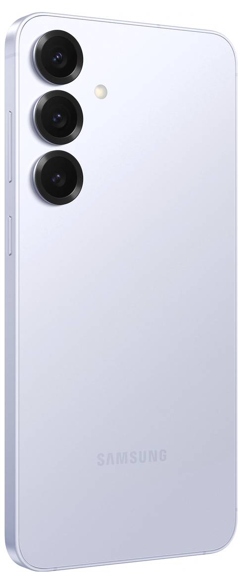 Smartphone in Silber mit drei Kameraobjektiven auf der Rückseite. Markenschriftzug unten in der Mitte.