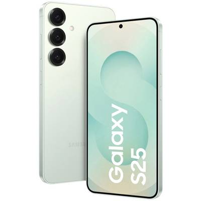Ein Handy mit drei Kameras auf der Rückseite und einem Display auf der Vorderseite. Auf dem Display steht 'Galaxy S25'.
