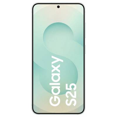 Smartphone mit großem Display, zeigt den Text 'Galaxy S25' auf einem blau-grünen Hintergrund.