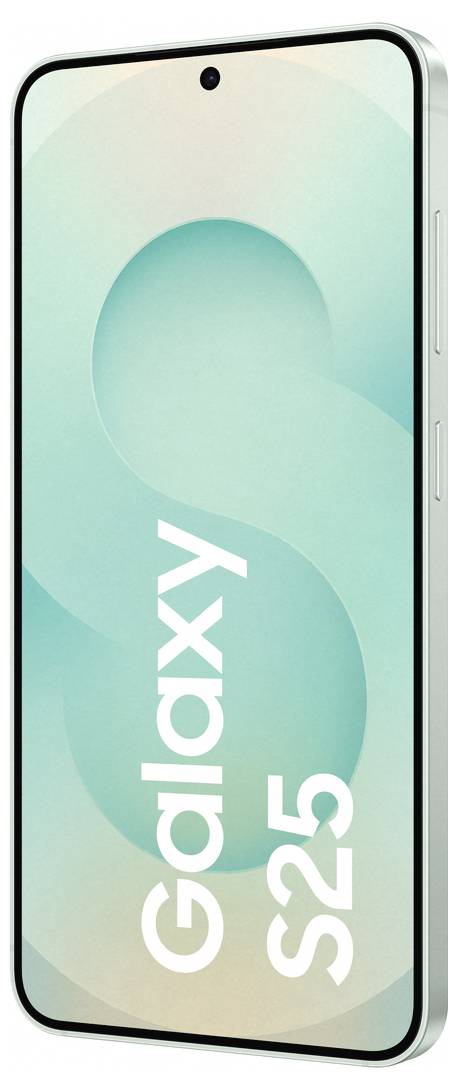 Ein Smartphone mit der Aufschrift 'Galaxy S25' auf dem Bildschirm, seitlich gezeigt. Das Design ist elegant mit abgerundeten Kanten.