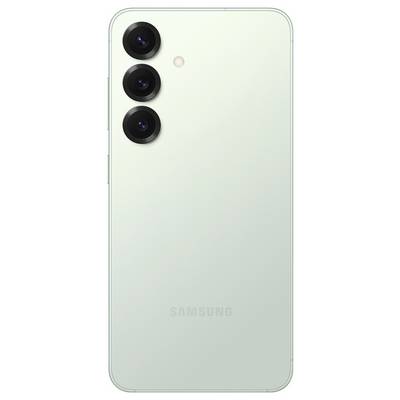 Ein Smartphone von hinten, in hellgrüner Farbe. Drei Kameralinsen und ein Blitz in vertikaler Anordnung oben links.