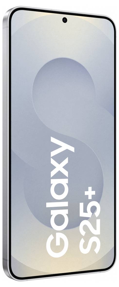 Smartphone mit der Aufschrift 'Galaxy S25+'. Es hat ein gebogenes, randloses Display und ist in Silber gehalten.