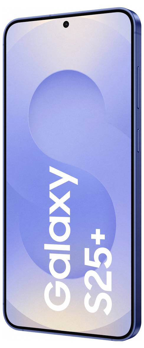 Smartphone 'Galaxy S25+' in Blau, Vorderansicht mit großem Display. Gerät ist schlank und modern gestaltet.