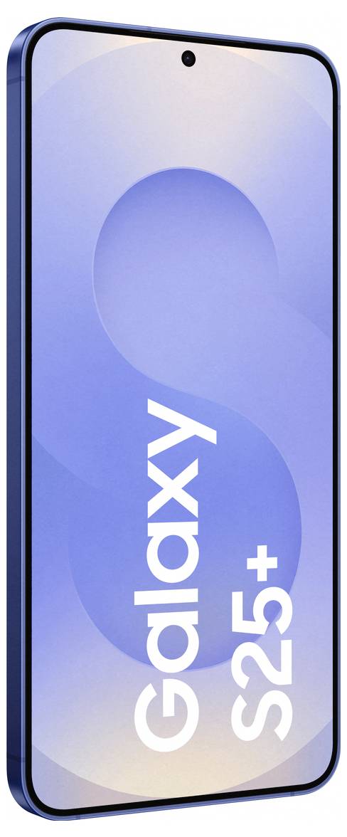 Ein blaues Smartphone mit der Aufschrift 'Galaxy S25+' auf dem Bildschirm.