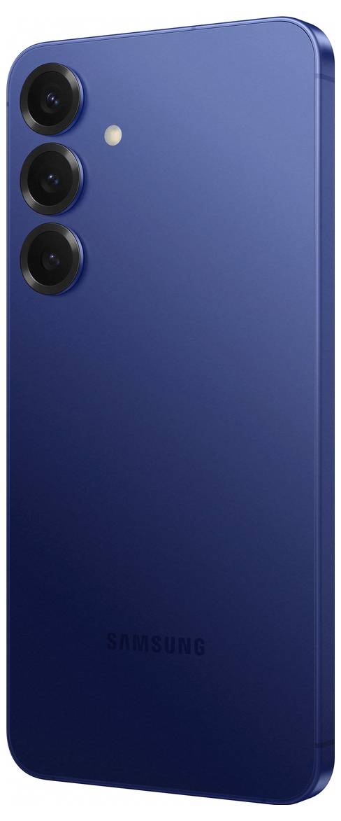 Rückseite eines blauen Smartphones mit drei vertikal angeordneten Kameras und einem Blitzlicht.