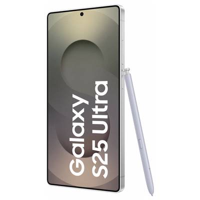 Smartphone 'Galaxy S25 Ultra' mit silbernem Gehäuse und S Pen, Display zeigt das Wort 'Galaxy S25 Ultra'.