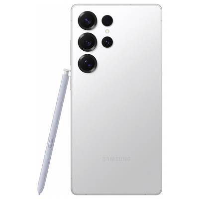 Ein weißes Smartphone mit vier Kameralinsen auf der Rückseite und einem Stylus.