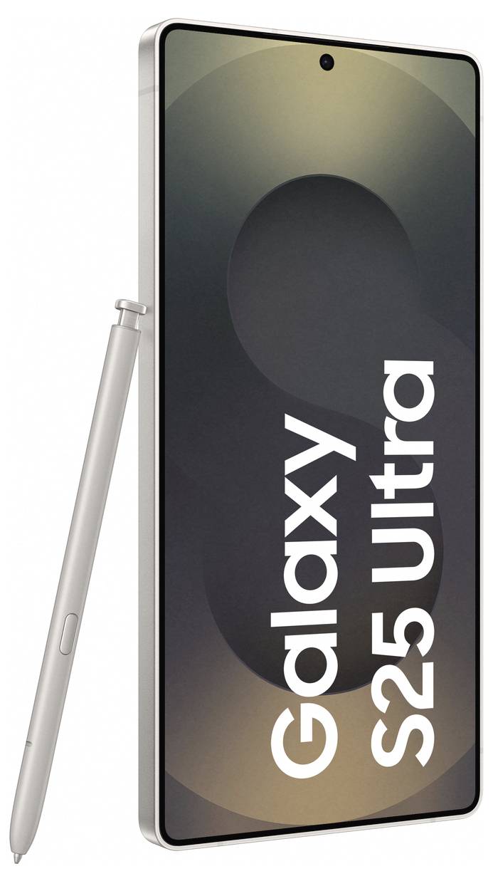 Smartphone abgebildet mit großem Display, Aufschrift 'Galaxy S25 Ultra'; seitlich ein Stift. 