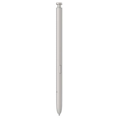 Ein silberfarbener digitaler Stift mit abgerundeter Spitze und einem mittigen Druckknopf.