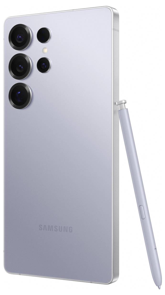 Ein silbernes Smartphone mit vier Kameralinsen auf der Rückseite und einem seitlich platzierten Stift.