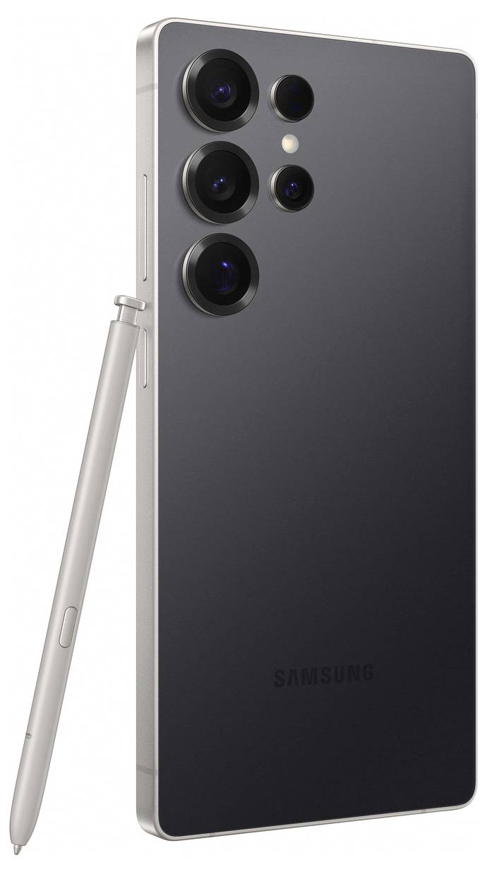 Smartphone in dunkler Farbe mit vier Kameras auf der Rückseite, daneben ein silberner Touchstift.