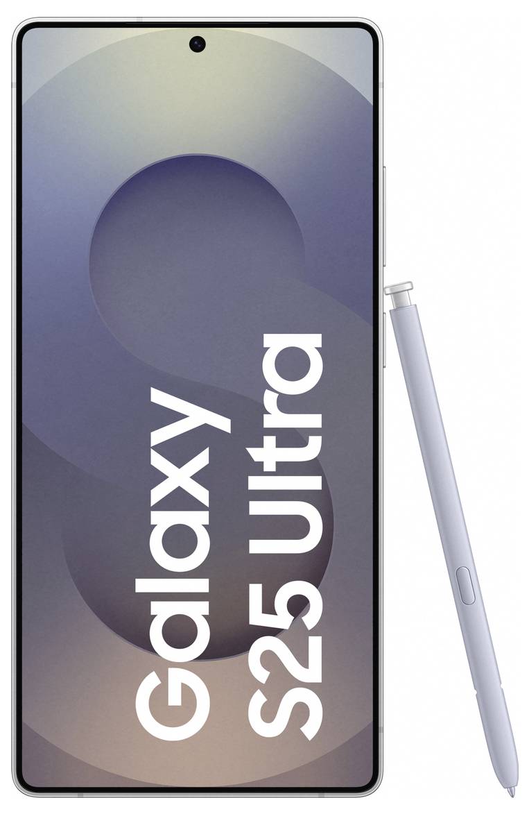 Ein Smartphone mit großem Display, auf dem der Text 'Galaxy S25 Ultra' steht. Neben dem Gerät liegt ein silberner Stylus.