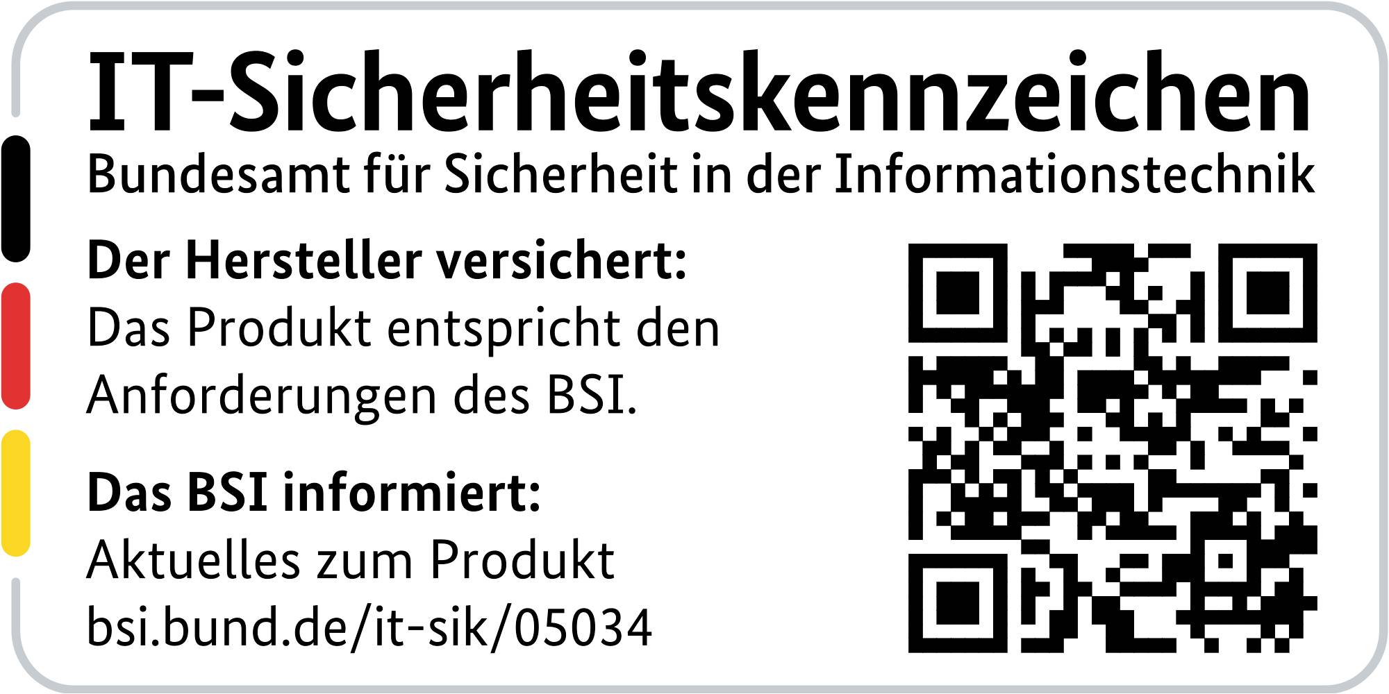 Das Bild zeigt ein IT-Sicherheitskennzeichen des BSI, das die Konformität eines Produkts mit den Sicherheitsanforderungen bestätigt.