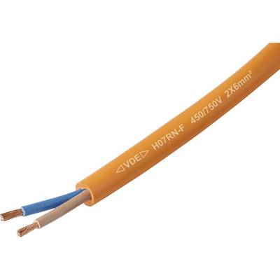 Ein orangefarbenes elektrisches Kabel mit der Markierung 'VDE H07RN-F 450/750 2x6mm²', das drei freigelegte Kupferdrähte in blauer und brauner Isolierung zeigt.