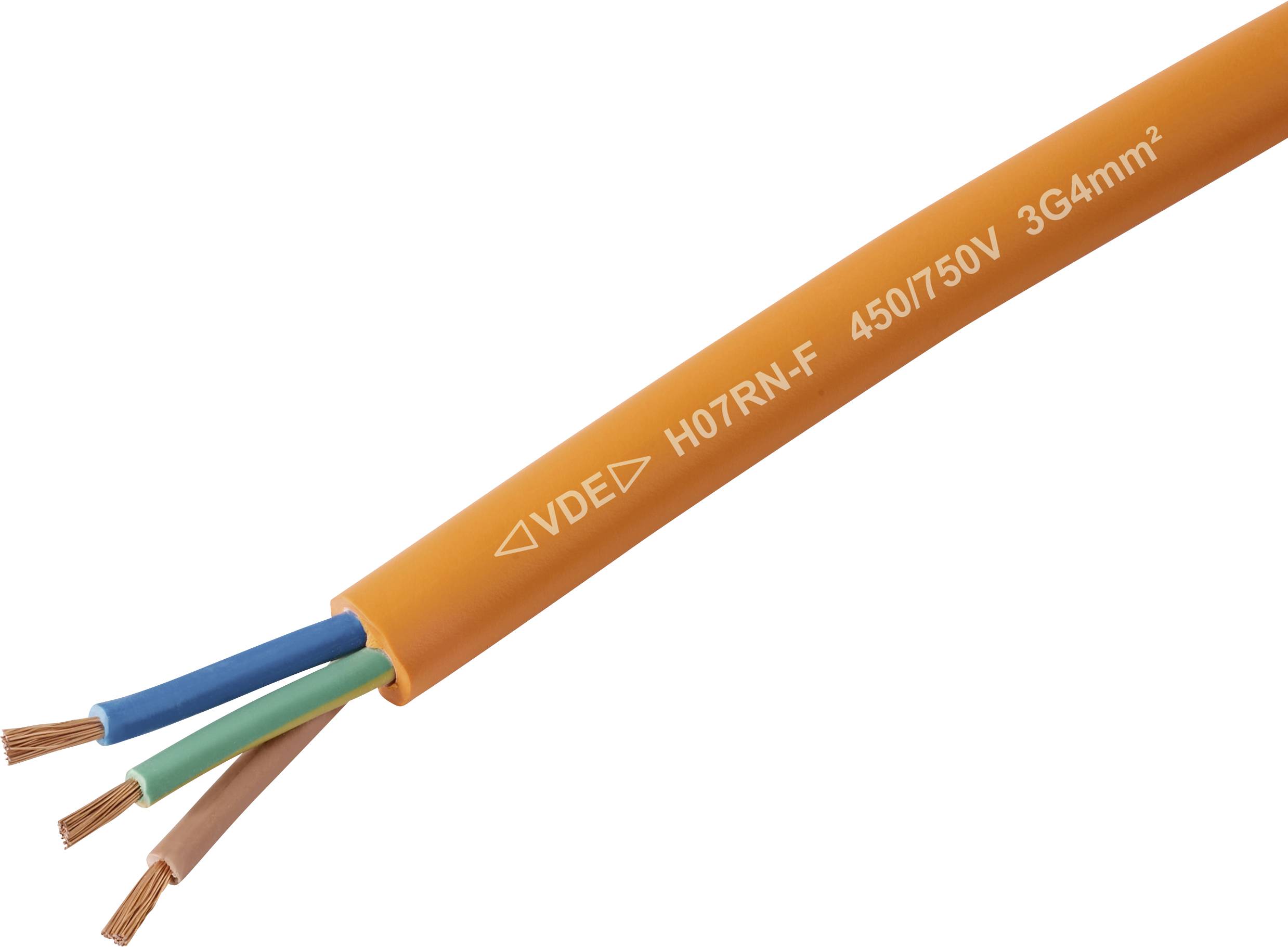 Orange elektrische Kabel mit der Beschriftung 'VDE H07RN-F 450/750V 3G4mm²', das drei freiliegende Kupferdrähte in Blau, Braun und Grün/Gelb zeigt.