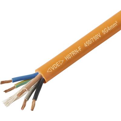 Orangefarbenes Elektrokabel mit freiliegenden Kupferdrähten. Markierung: VDE H07RN-F 450/750V 5G4mm².