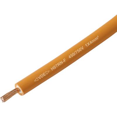 Ein orangefarbenes VDE H07RN-F Kabel mit freiliegendem Kupferdraht, gekennzeichnet mit '450/750V 1x4mm²', zur Angabe der elektrischen Spezifikationen und des Typs.