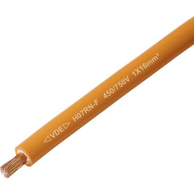 Orangefarbenes Elektrokabel, VDE H07RN-F 450/750V 1X16mm², mit freiliegendem Kupferdraht an einem Ende.