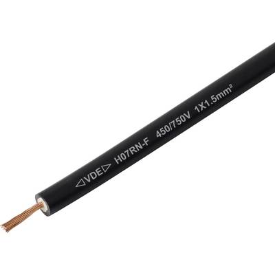 Ein schwarzes elektrisches Kabel mit der Beschriftung "VDE H07RN-F 450/750V 1X1.5mm²", an einem Ende freiliegende Kupferdrähte, die Spannungs- und Größenspezifikationen anzeigen.