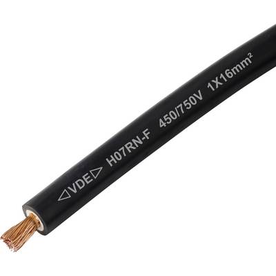Ein schwarzes elektrisches Kabel mit der Beschriftung "VDE H07RN-F 450/750V 1X16mm²", an dessen Schnittende Kupferdrahtstränge sichtbar sind.