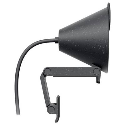 Eine schwarze Schreibtischlampe mit einem kegelartigen, verstellbaren Kopf und einem Kabel auf der linken Seite.