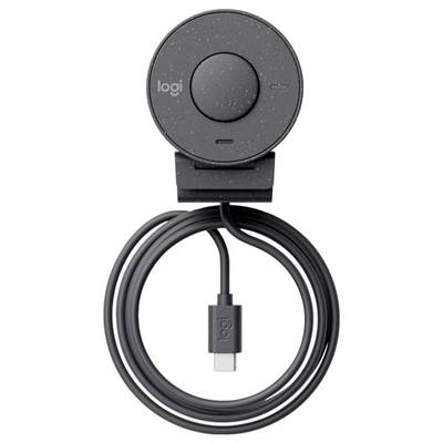 Ein rundes, schwarzes Ladegerät mit USB-C-Anschluss und gewickeltem Kabel, markiert mit 'logi', geeignet für kabelloses Laden.