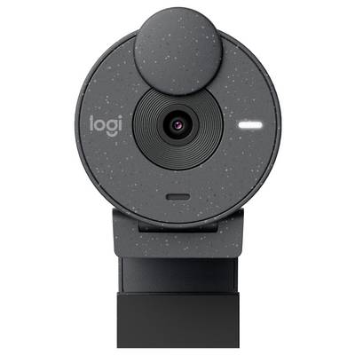 Graue Webcam mit rundem Design, zentraler Linse und einem kleinen weißen Indikatorlicht. Logo sichtbar rechts oben.