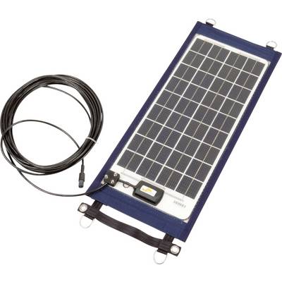 Tragbares Solarladegerät mit rechteckigem Solarpanel und Kabel für den Anschluss an elektronische Geräte. Ideal für mobiles Laden.