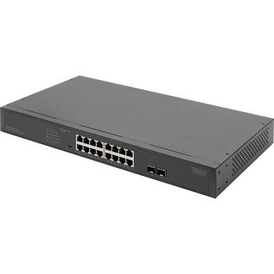 Ein schwarzer Netzwerk-Switch mit 16 Ethernet-Ports, LED-Anzeigen und zwei SFP-Anschlüssen. Geeignet für Büro-Netzwerkverbindungen.