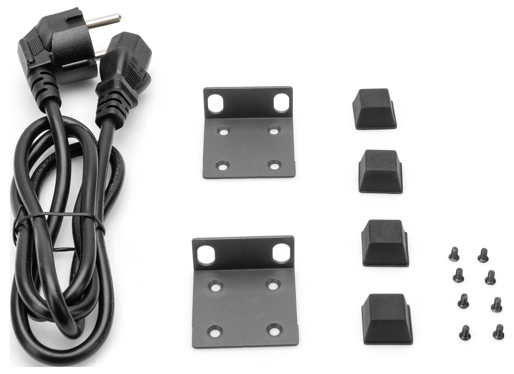 'Abbildung zeigt ein Netzkabel, zwei Metallwinkel, vier Gummifüße und zehn Schrauben. Diese sind für die Montage oder Befestigung vorgesehen.'