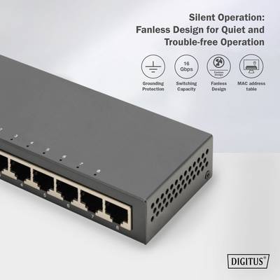 Ein schwarzer Netzwerk-Switch mit acht Ethernet-Ports. Text oben beschreibt leisen, lüfterlosen Betrieb und bietet technische Details.