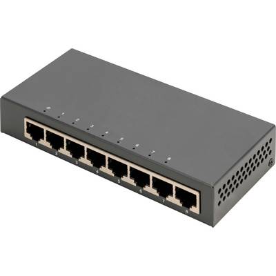Ein schwarzer Netzwerk-Switch mit acht Ethernet-Ports, nummeriert von 1 bis 8, auf einer weißen Oberfläche.