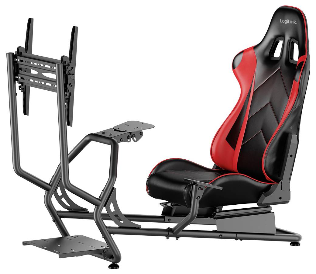 Schwarzer und roter Gaming-Stuhl mit einem stabilen Metallrahmen für Lenkrad und Pedale, geeignet für Rennspiele.