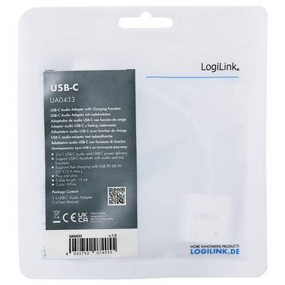 Eine Verpackung von LogiLink für einen USB-C Adapter mit Ladefunktion, inklusive Audio-Adapter, Etikett enthält QR-Code.