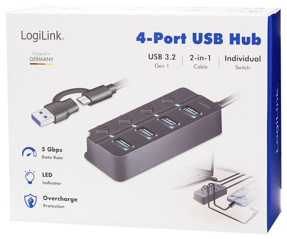 Verpackung eines 4-Port USB-Hubs von LogiLink mit USB 3.2 Gen 1, 5 Gbps Datenrate und Überladeschutz. Enthält LED-Anzeigen.