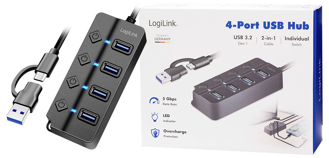'LogiLink 4-Port USB Hub' mit USB 3.2, individuellem Schalter und Überlade-Schutz auf Verpackung abgebildet, 5 Gbps Übertragungsrate.
