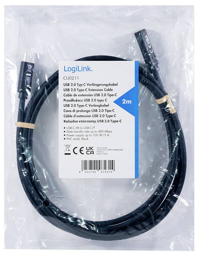 Ein USB 2.0 Typ-C Verlängerungskabel von LogiLink, 2 Meter lang. Verpackung zeigt 'CU0211', unterstützt bis zu 480 Mbit/s.
