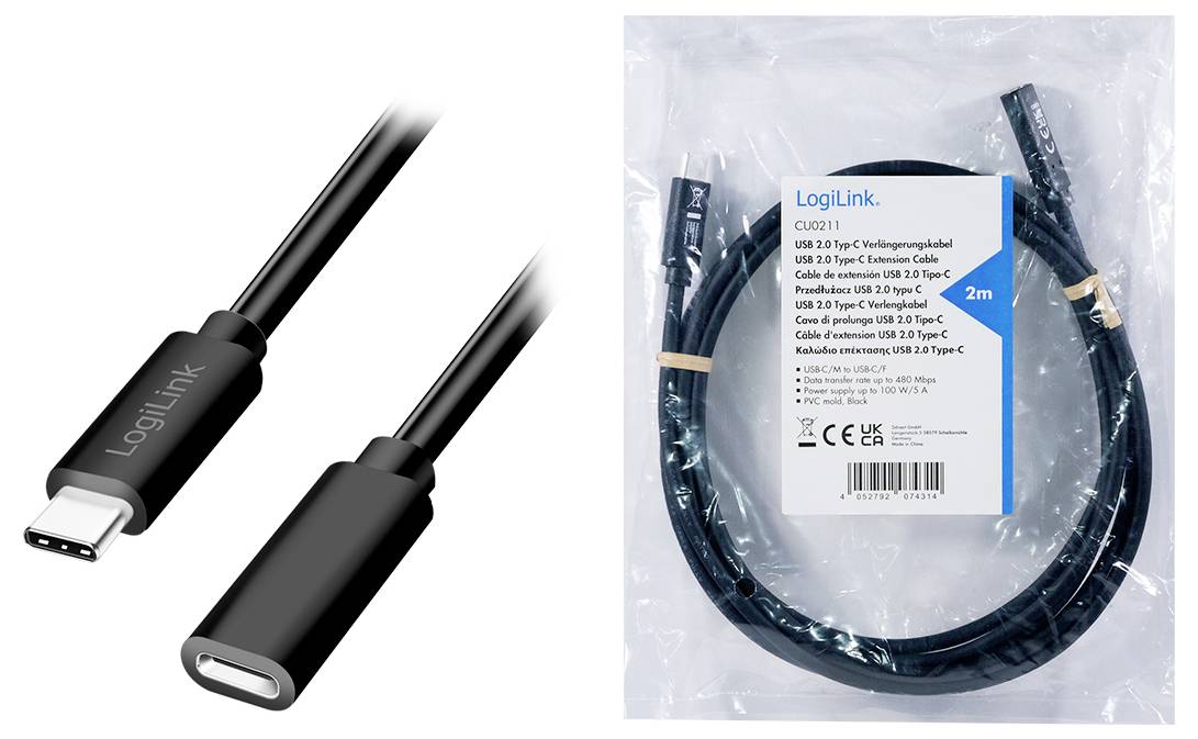 'LogiLink USB 3.0 Typ-C Verlängerungskabel, 2 m, schwarz, mit Stecker und Buchse, geeignet für Datenübertragung und Laden.'