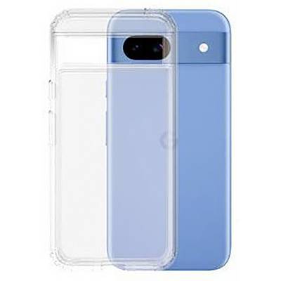 Ein blaues Smartphone auf weißem Hintergrund mit einer durchsichtigen Schutzhülle, die das Handy teilweise verdeckt.