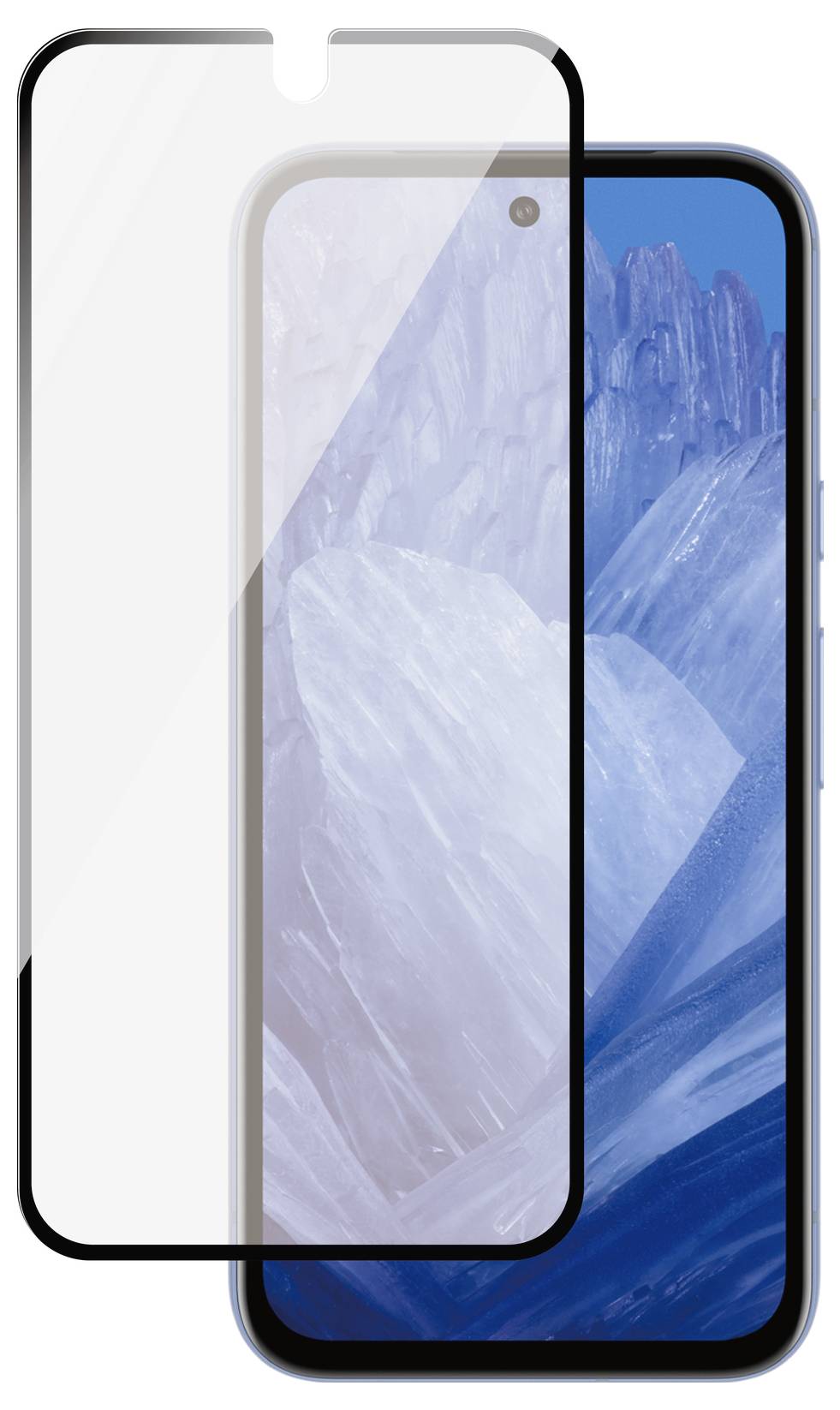 Smartphone mit blauem Bildschirm, überlagert von einem Schutzglas mit schwarzem Rand.