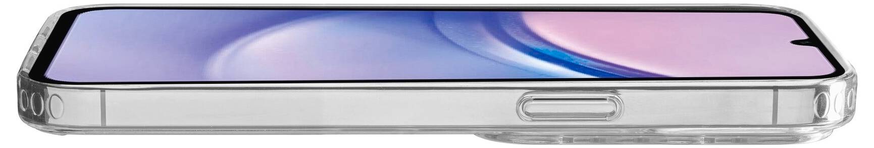 Smartphone in seitlicher Ansicht mit durchsichtigem Gehäuse. Das Display zeigt Farbübergänge von Blau zu Rosa.