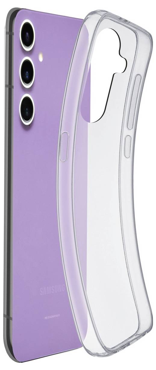 Lila Smartphone von der Seite mit transparenter Schutzhülle, die über das Gerät gezogen werden kann. Drei Kameras auf der Rückseite.