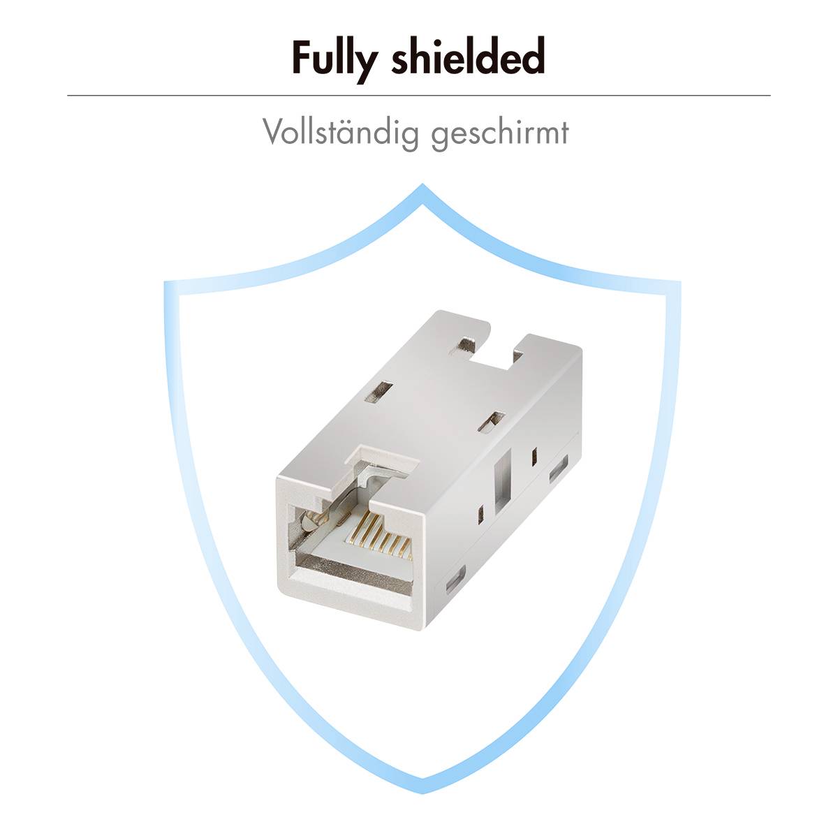 RJ45-Netzwerkstecker, vollständig geschirmt, dargestellt innerhalb eines blauen Schildes.