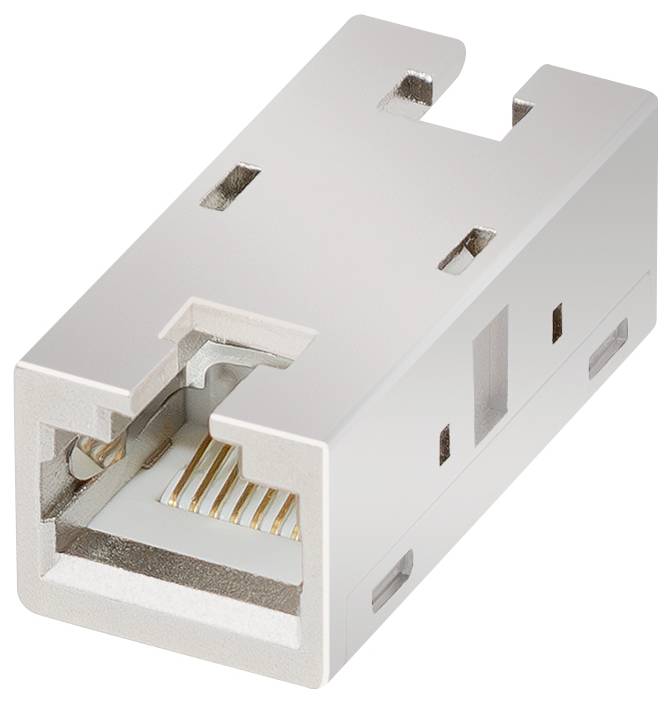 Ein silberner Ethernet-Kupplungsadapter zum Verbinden von Netzwerkkabeln mit RJ45-Anschlüssen, ideal für Netzwerkverlängerungen.