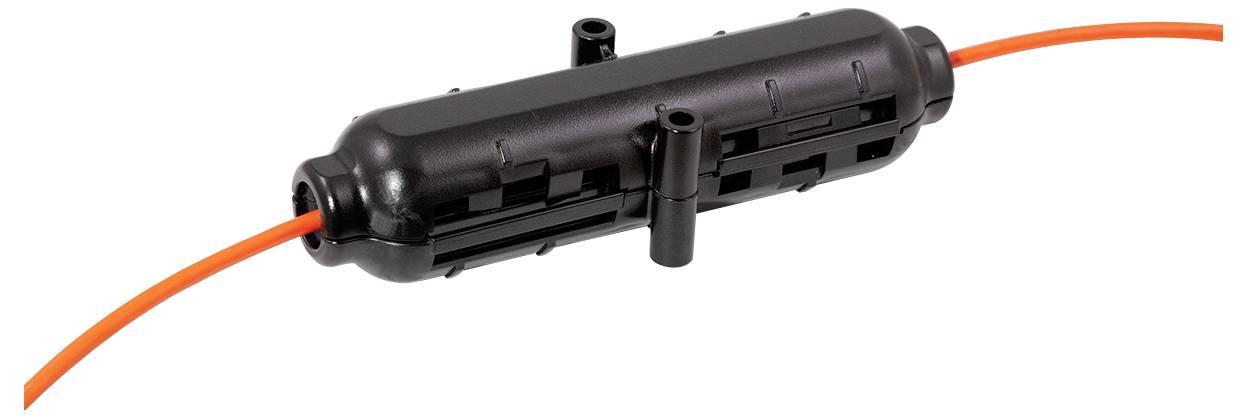 Ein schwarzer Kabelverbinder mit orangem Kabel, das durch beide Enden verläuft. Gerät zur sicheren Verbindung von elektrischen Leitungen.